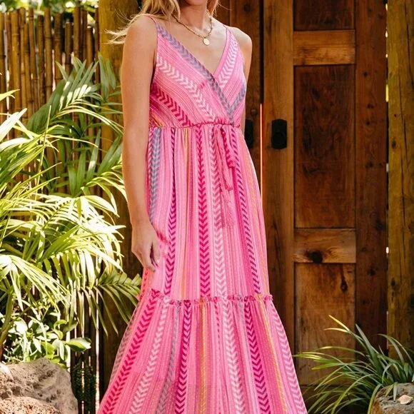 Hot Pink Boho Women's Western Geometric Tie Ruffle Halter Long Dress - Picture 3 of 8